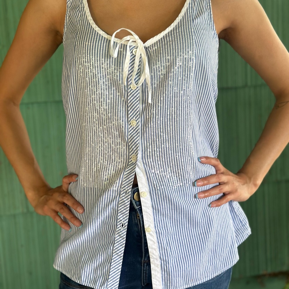 J. Crew Blue and White Sequin Bib Tie Front Cami